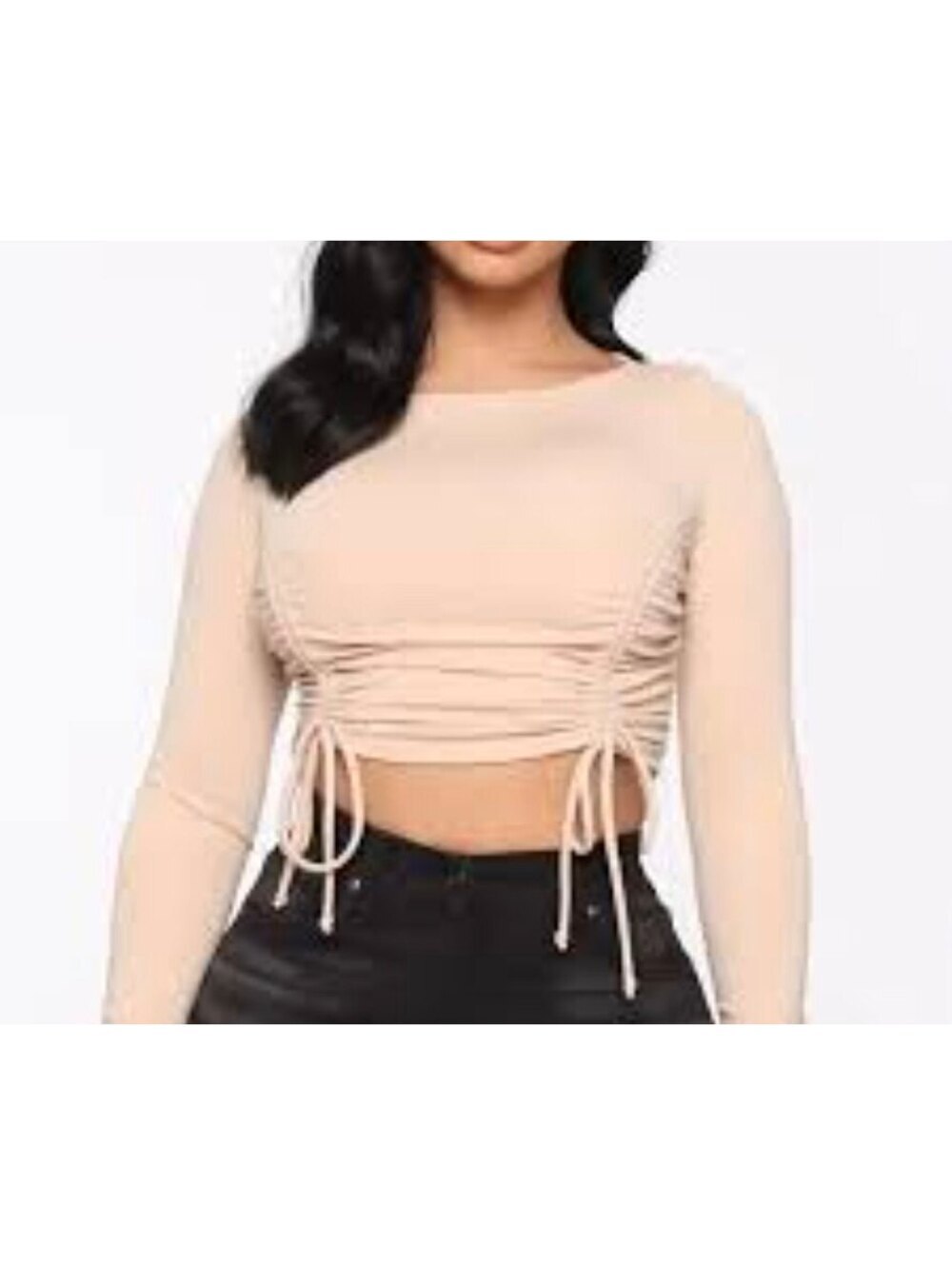 SHEIN Tan Long Sleeve Cinch Style Crop Top – Women's Ruched Trendy Fashion Top
